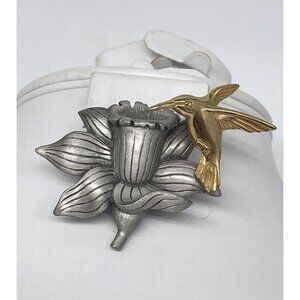 Vintage JJ Moving Hummingbird & Flower Pewter & Gold-Tone Brooch Pin